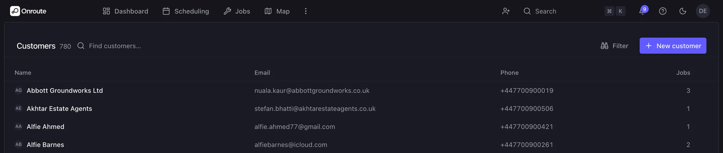 The customers list in Onroute