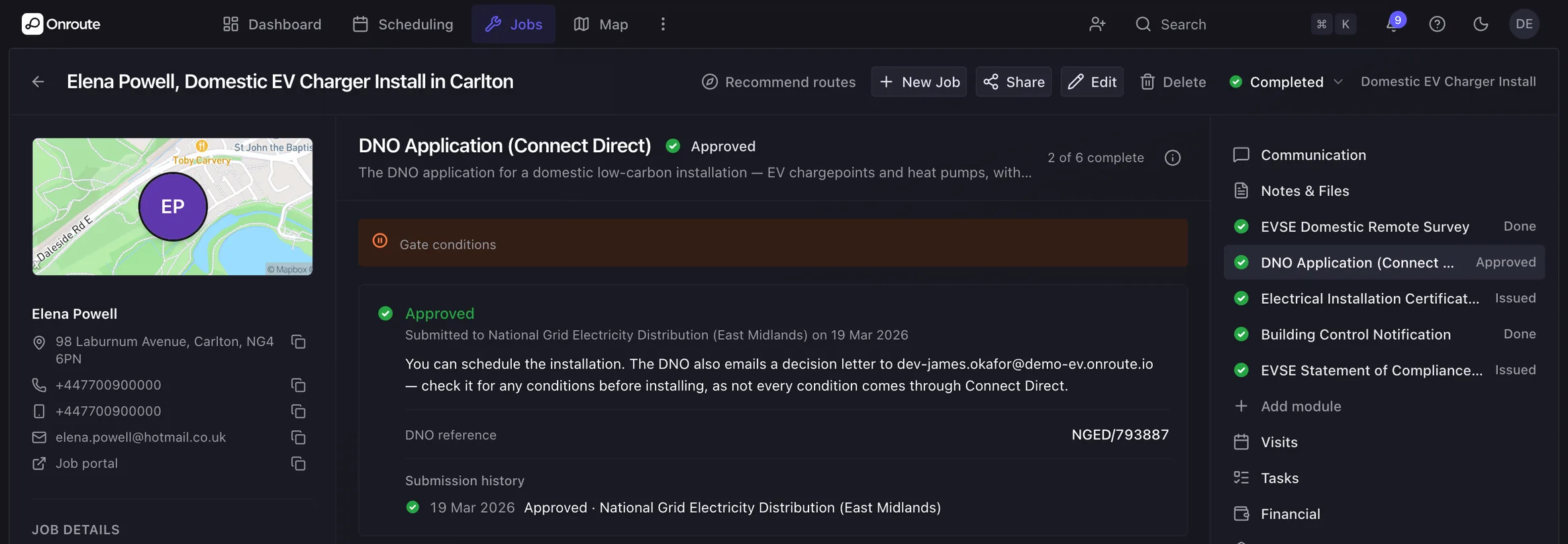 A DNO application in Onroute, approved, with its reference and submission history