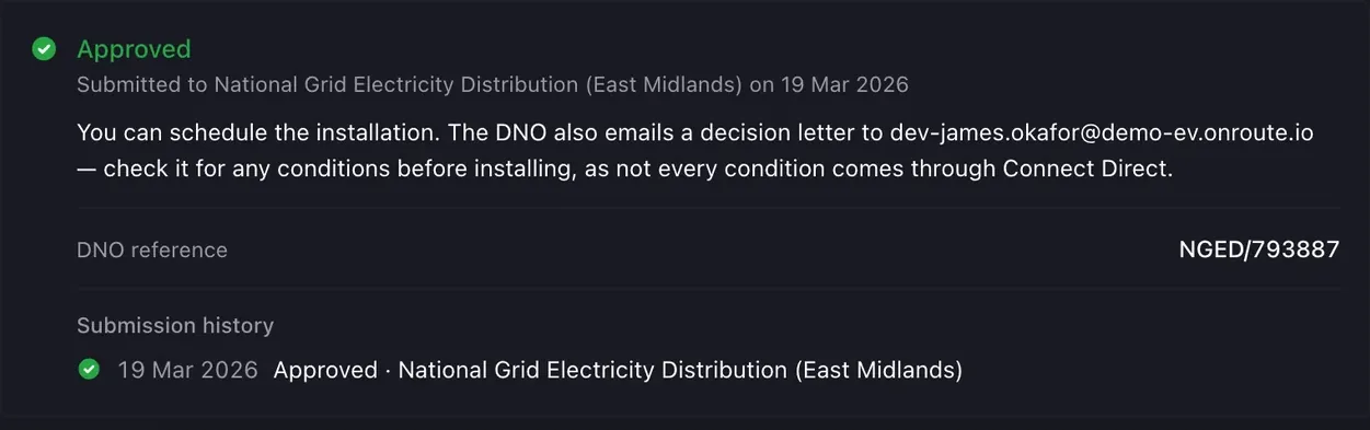 A DNO application in Onroute, approved, with its reference and submission history