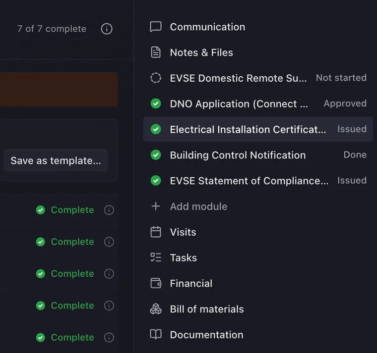An Electrical Installation Certificate in Onroute, issued, with all seven sections complete