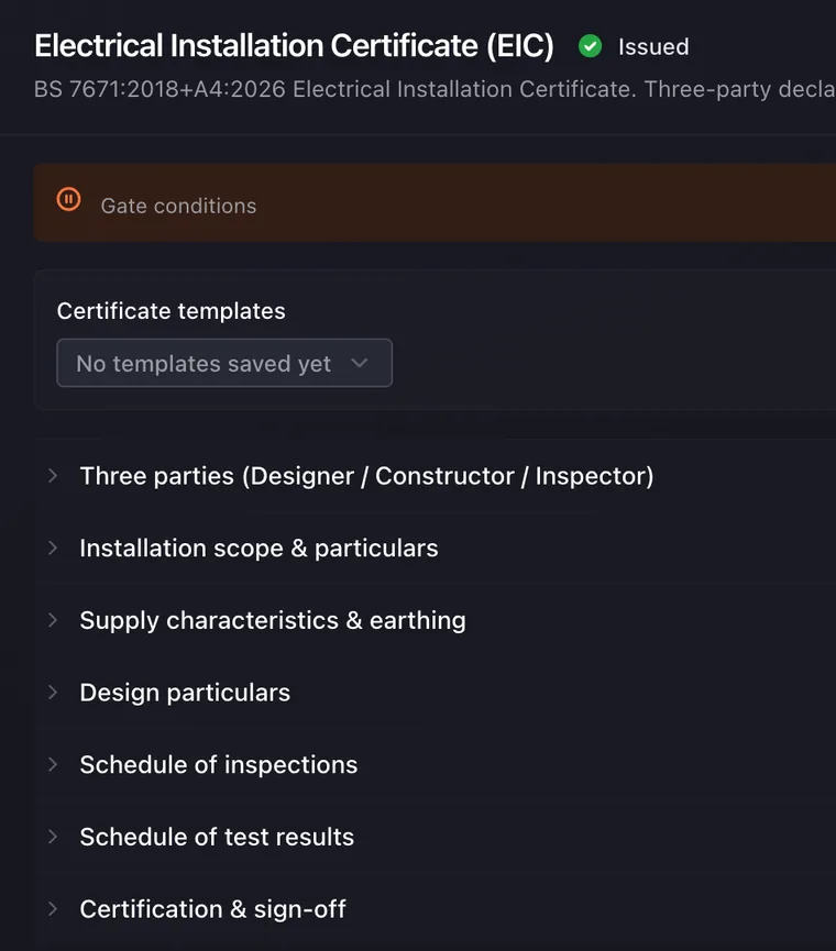 An Electrical Installation Certificate in Onroute, issued, with every section complete