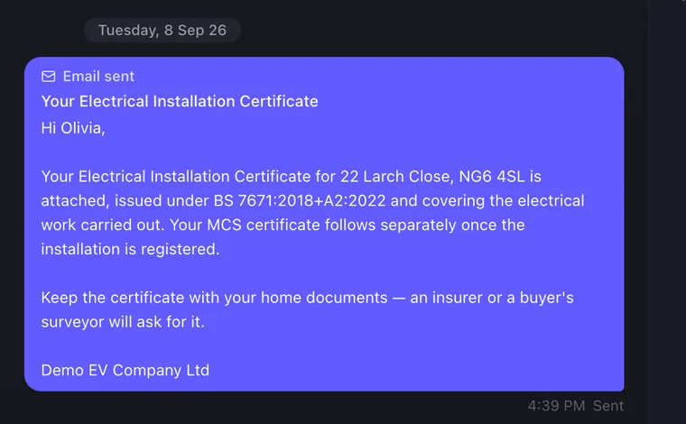 A solar PV job in Onroute, with its AI summary and messages