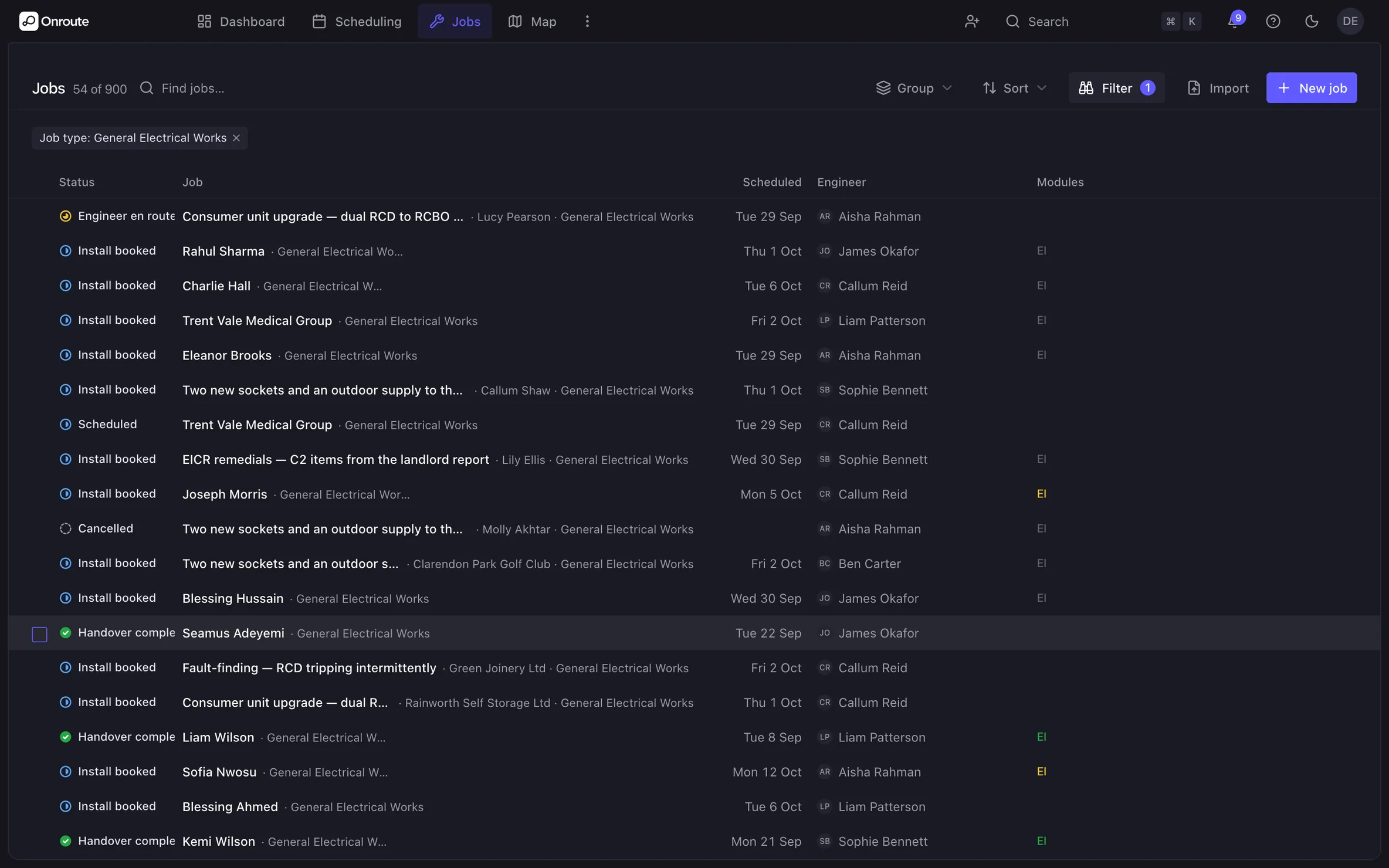The jobs list in Onroute, filtered to general electrical work