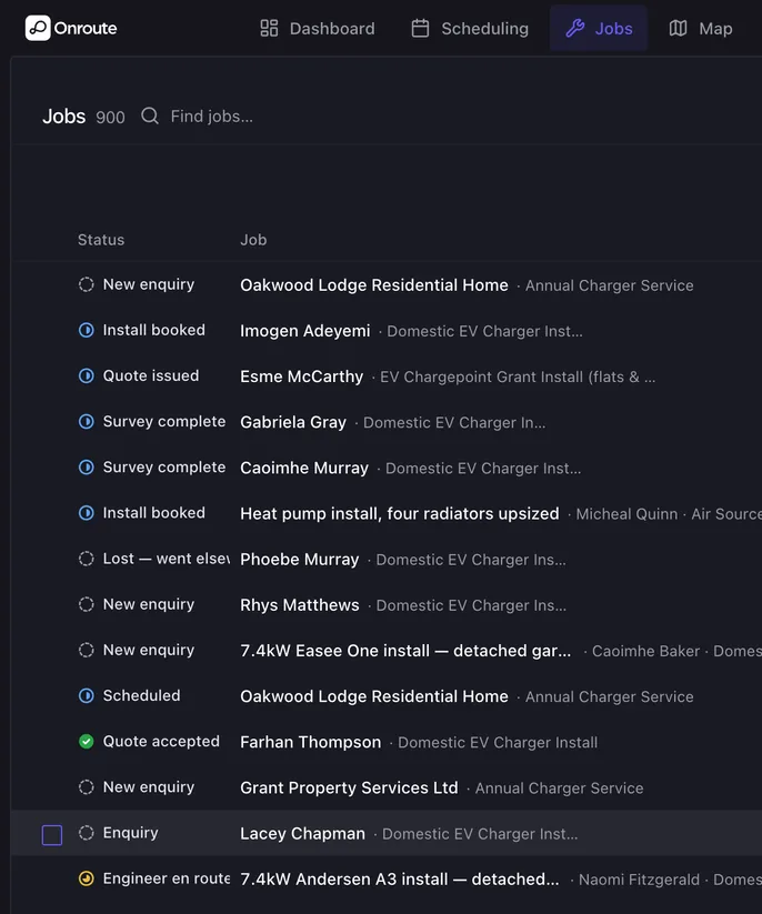 The jobs list in Onroute, across EV, solar, battery, heat pump and electrical jobs