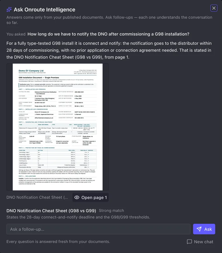 Ask Onroute Intelligence over the document library, answering a G98 question from the installer's own cheat sheet, with the page cited