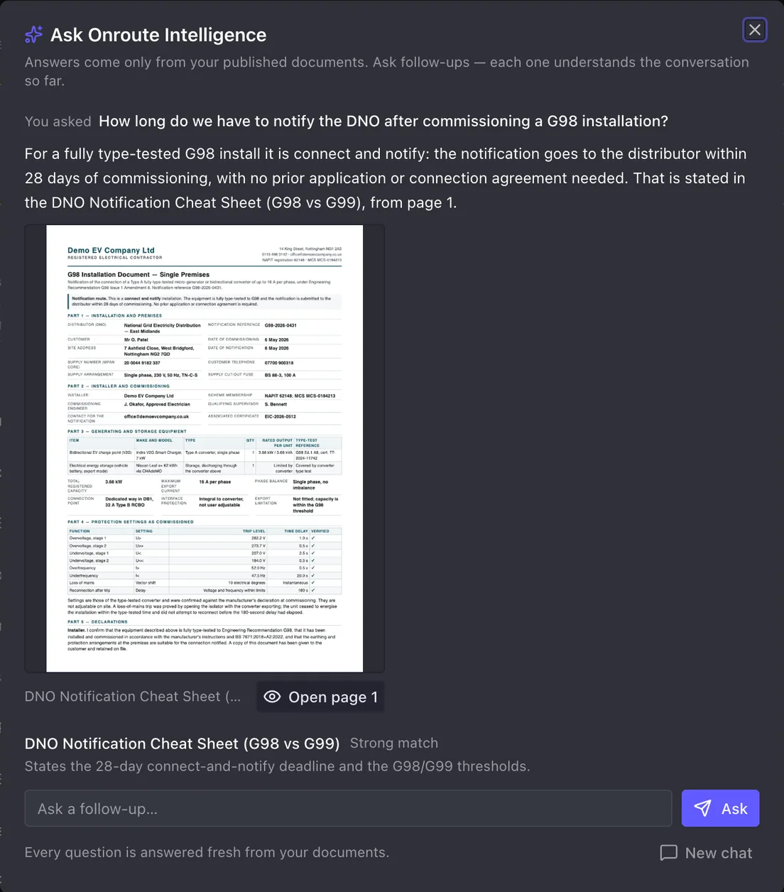 Ask Onroute Intelligence answering a G98 question from the installer's own DNO notification cheat sheet, with the page cited