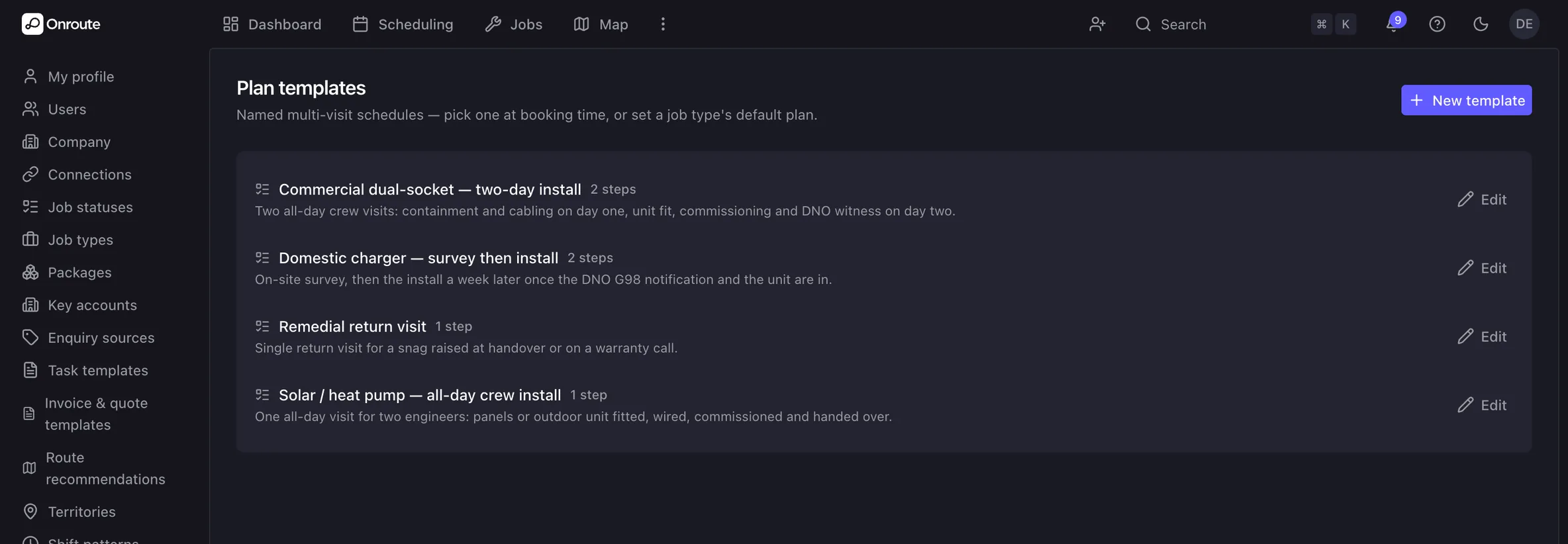 Plan templates in Onroute: the visits a job type is booked as
