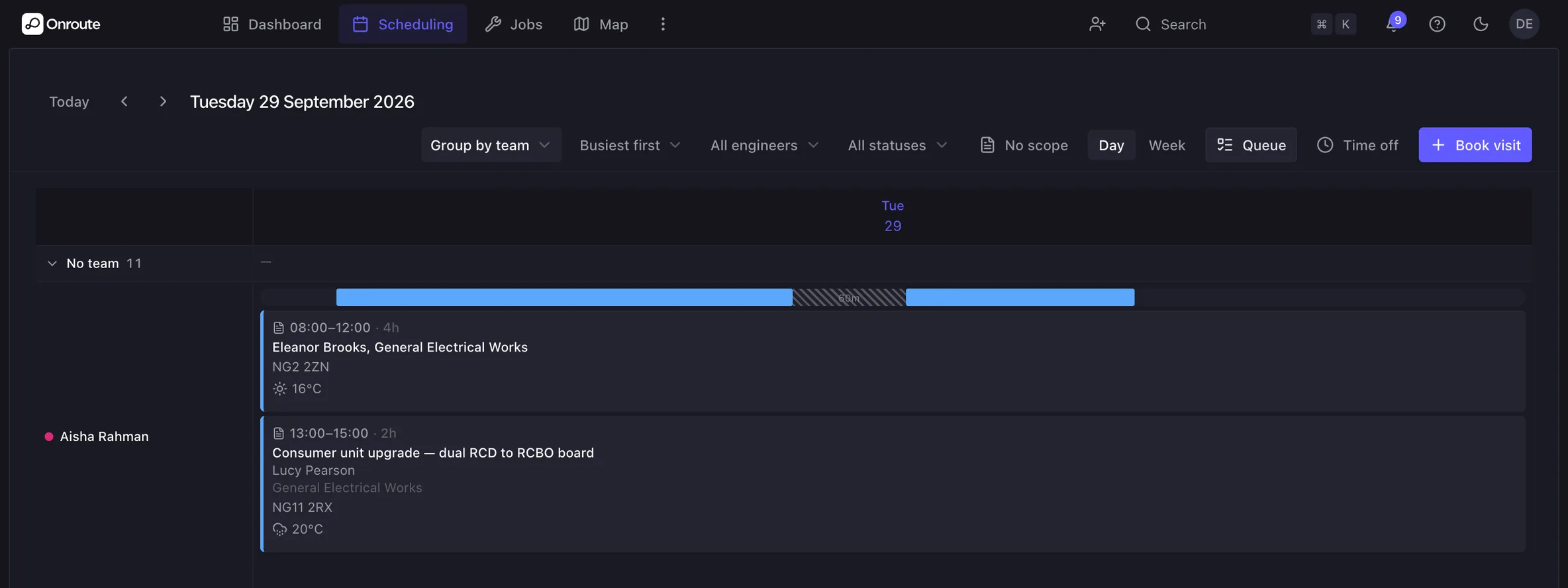 An engineer's day in Onroute's scheduling view