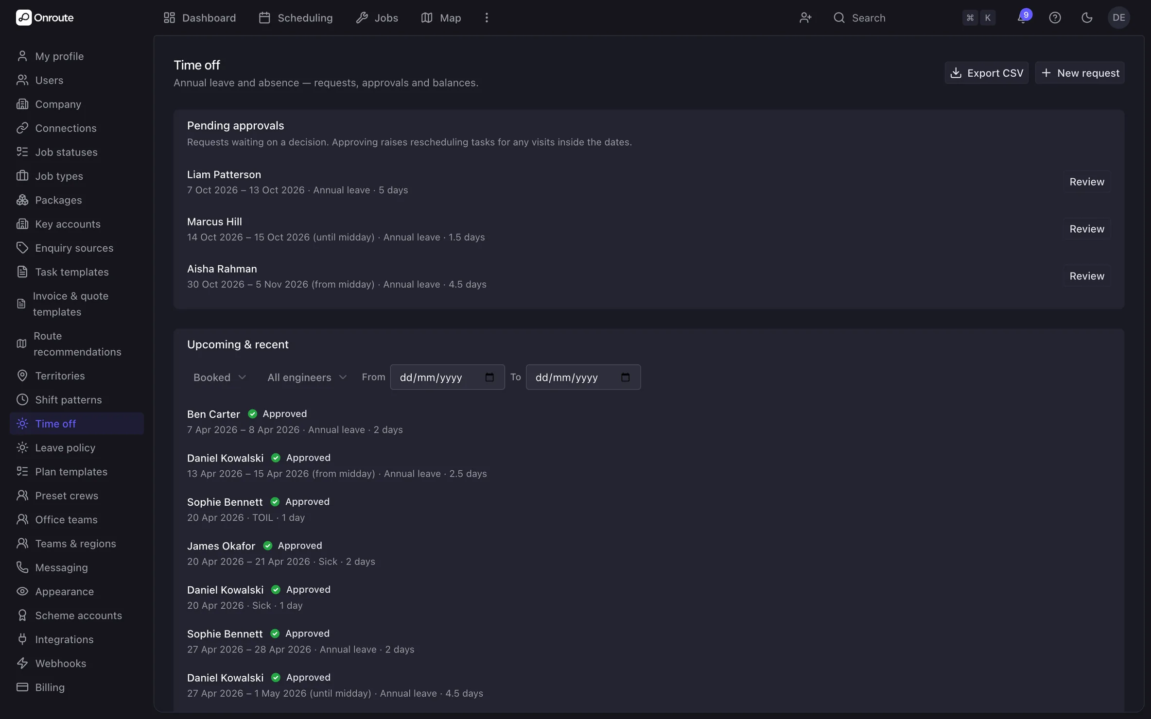 Time off in Onroute: pending, upcoming and approved leave