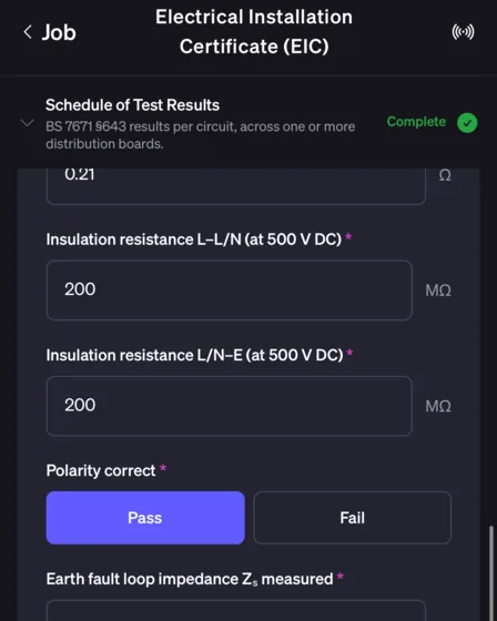 Test results typed into the EIC in the Onroute engineer app