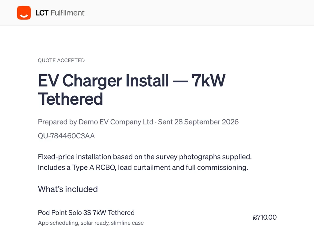 A quote accepted in the customer portal, in the installer's LCT Fulfilment branding
