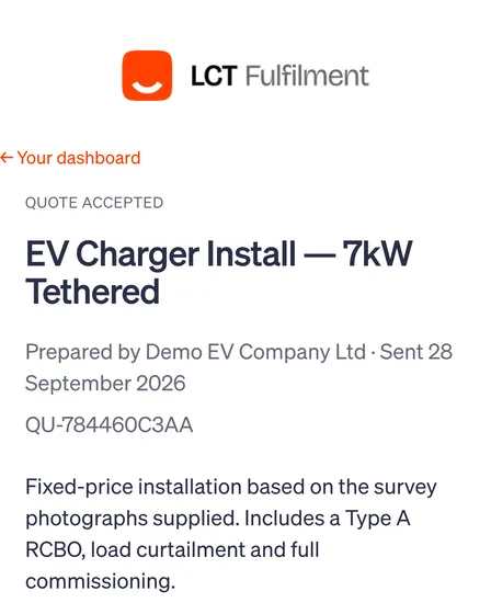 The customer portal on a phone: a quote accepted, in the installer's LCT Fulfilment branding